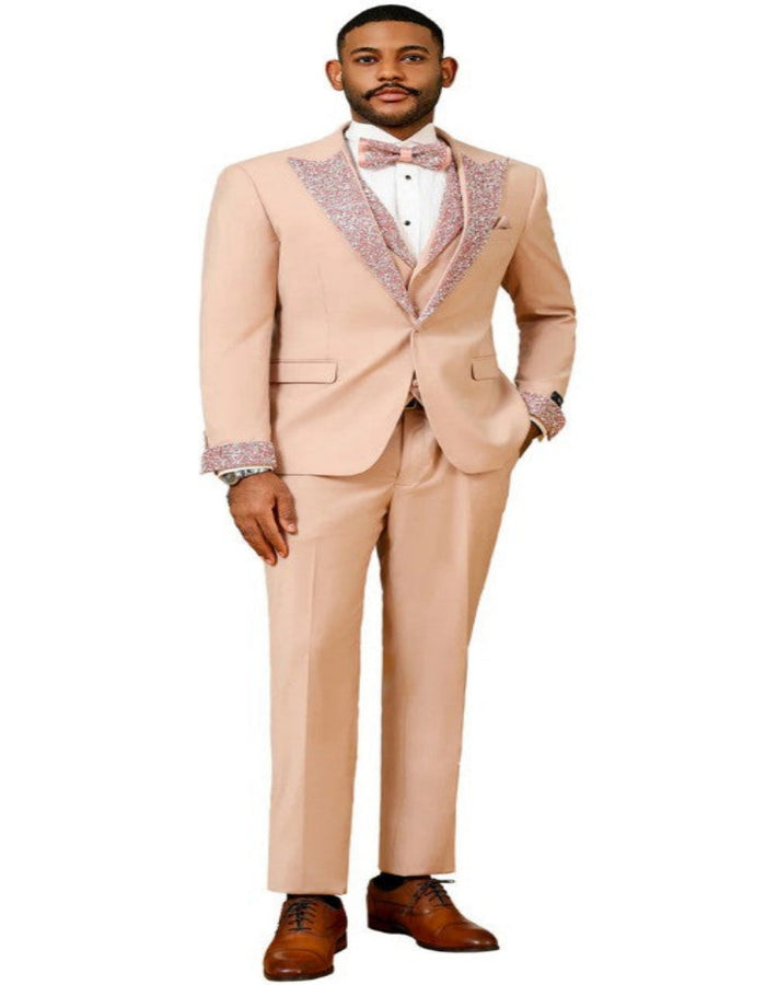 Peach Coral Salmon Prom Tuxedo - Perfect Wedding Suit Vested rhinestone sequin Lapelled