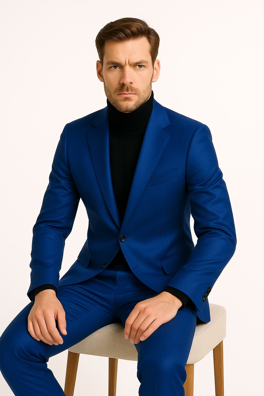 Men's Royal Blue Shiny Satin Suit – 2-Piece Slim Fit Tuxedo with Peak Lapel