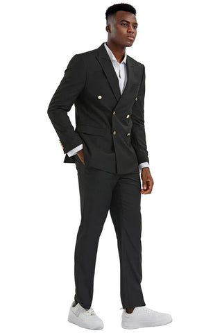 Men's Slim Fit Double Breasted Wedding Suit With Gold Buttons In Black - Men's Tuxedo USA