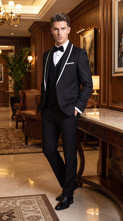 Men's Statement Suits Black 3-Piece Fashion Tuxedo – White Piping Shawl Lapel Wedding, Prom & Formal Dinner Suit