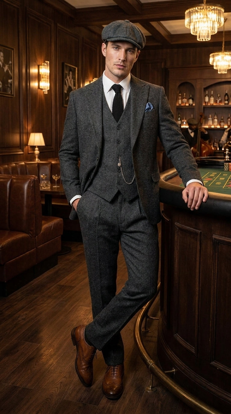 Men’s Charcoal Great Gatsby 3 Piece Suit, 1920s Gangster Vintage Formal Dress Suit