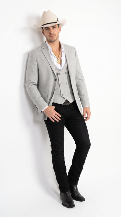 Men’s Light Gray Western Suit Blazer with Double-Breasted Vest – Modern Cowboy Formal Outfit