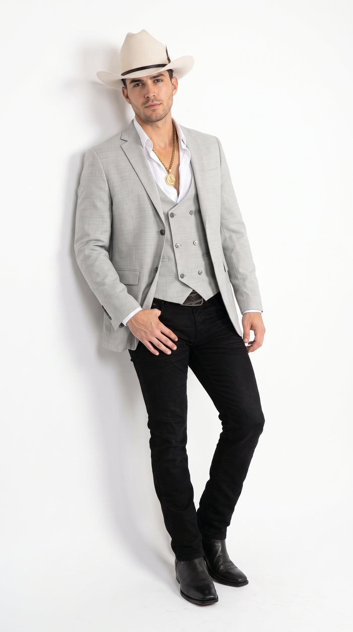 Men’s Light Gray Western Suit Blazer with Double-Breasted Vest – Modern Cowboy Formal Outfit