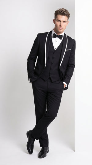 Men's Statement Suits Black 3-Piece Fashion Tuxedo – White Piping Shawl Lapel Wedding, Prom & Formal Dinner Suit