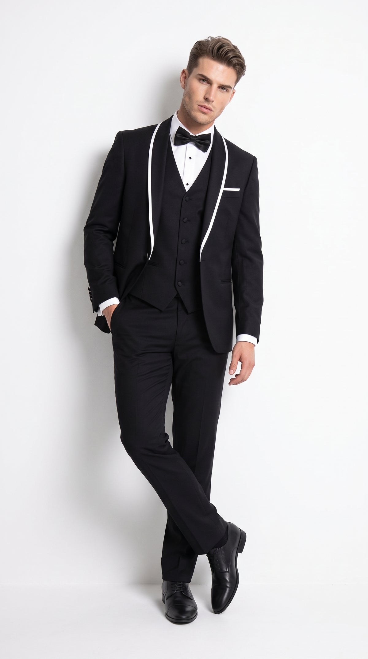 Men's Statement Suits Black 3-Piece Fashion Tuxedo – White Piping Shawl Lapel Wedding, Prom & Formal Dinner Suit
