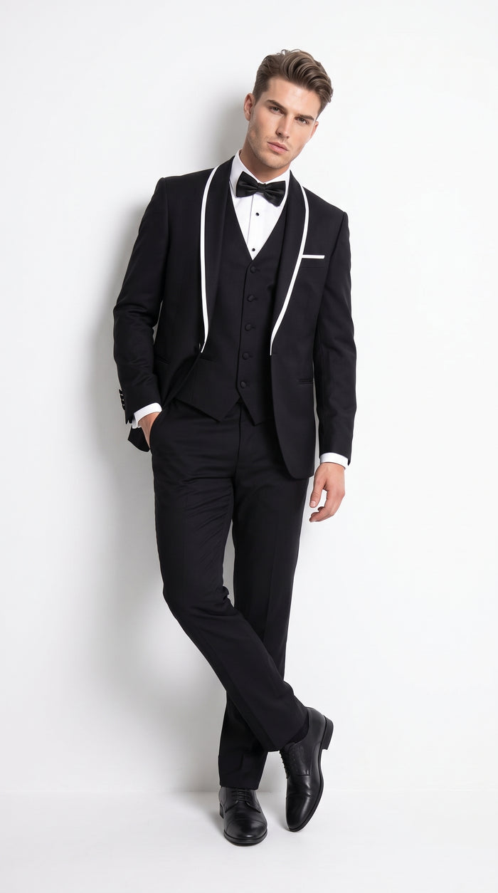 Men's Statement Suits Black 3-Piece Fashion Tuxedo – White Piping Shawl Lapel Wedding, Prom & Formal Dinner Suit