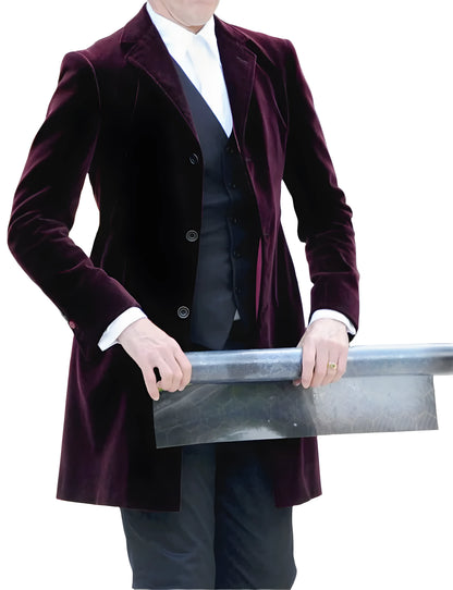 Buy Burgundy Velvet Peter Capaldi Twelfth Doctor Jacket for men's perfect for formal wear availablein standard size and custom fit.
