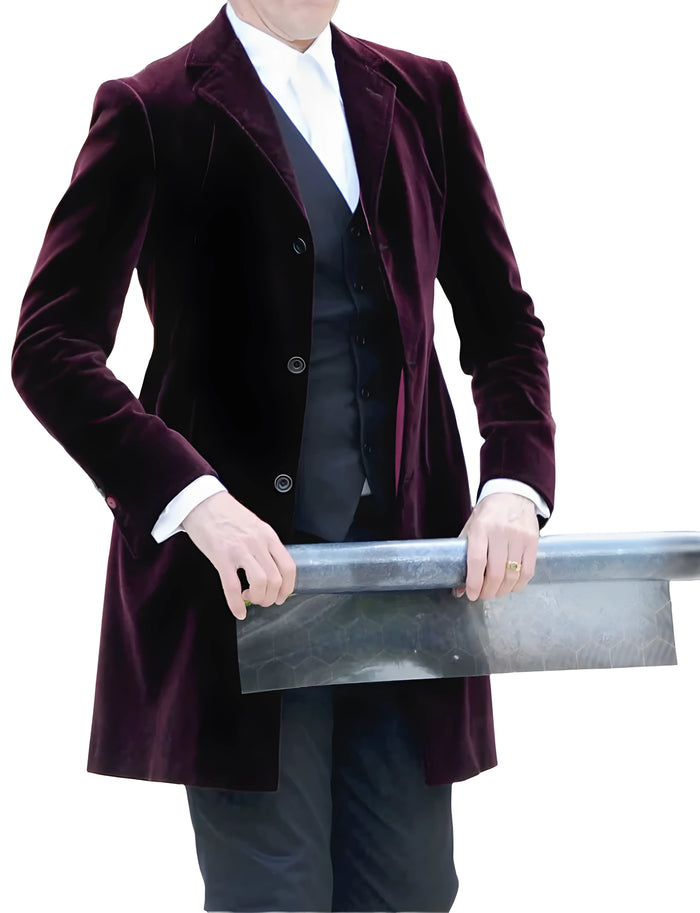 Buy Burgundy Velvet Peter Capaldi Twelfth Doctor Jacket for men's perfect for formal wear availablein standard size and custom fit.