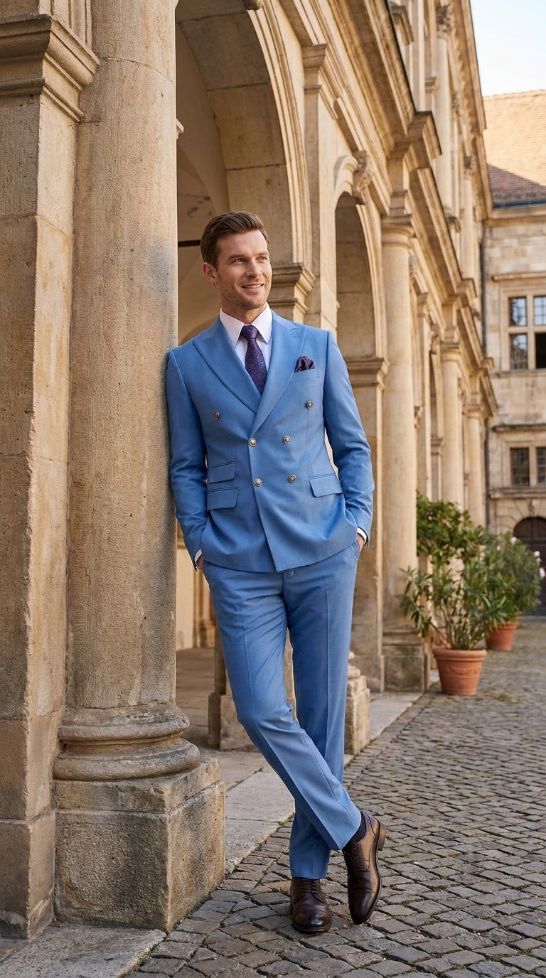 Men’s Sky Blue Double Breasted Suit with Gold Buttons, Designer Formal Wedding Business Suit