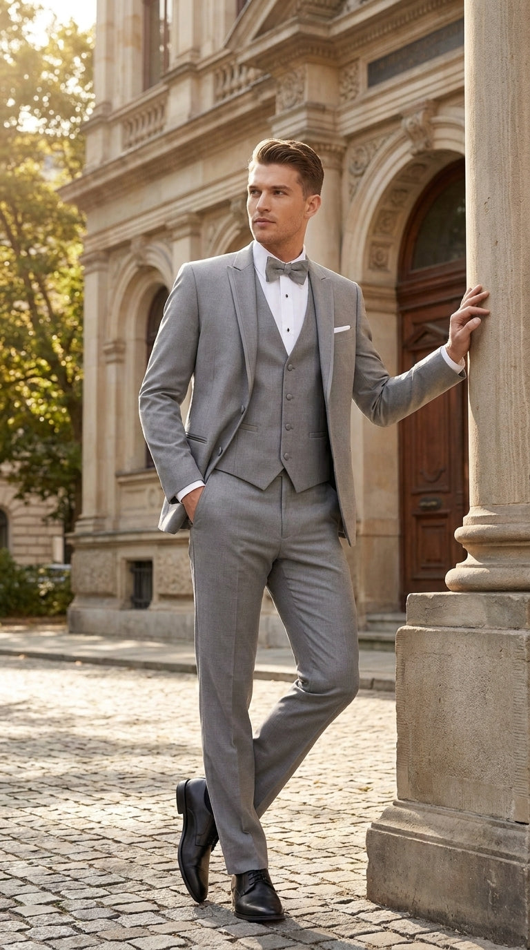 Men’s Light Grey Wedding Tuxedo Suit, Designer Formal Prom Groom Suit with Satin Trim