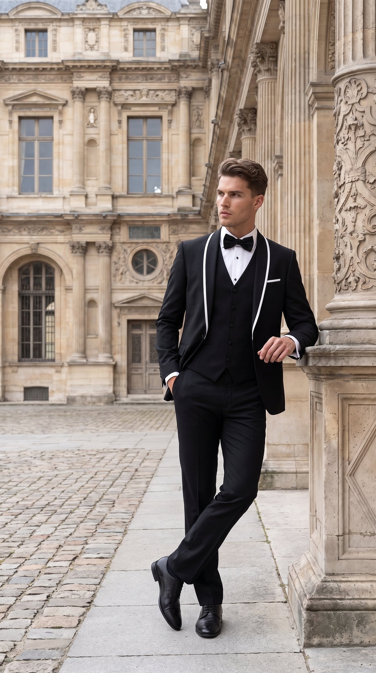 Men's Statement Suits Black 3-Piece Fashion Tuxedo – White Piping Shawl Lapel Wedding, Prom & Formal Dinner Suit