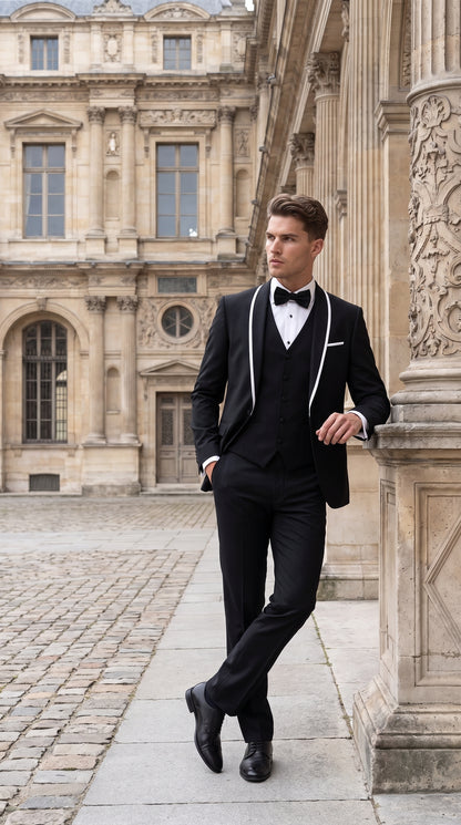 Men's Statement Suits Black 3-Piece Fashion Tuxedo – White Piping Shawl Lapel Wedding, Prom & Formal Dinner Suit