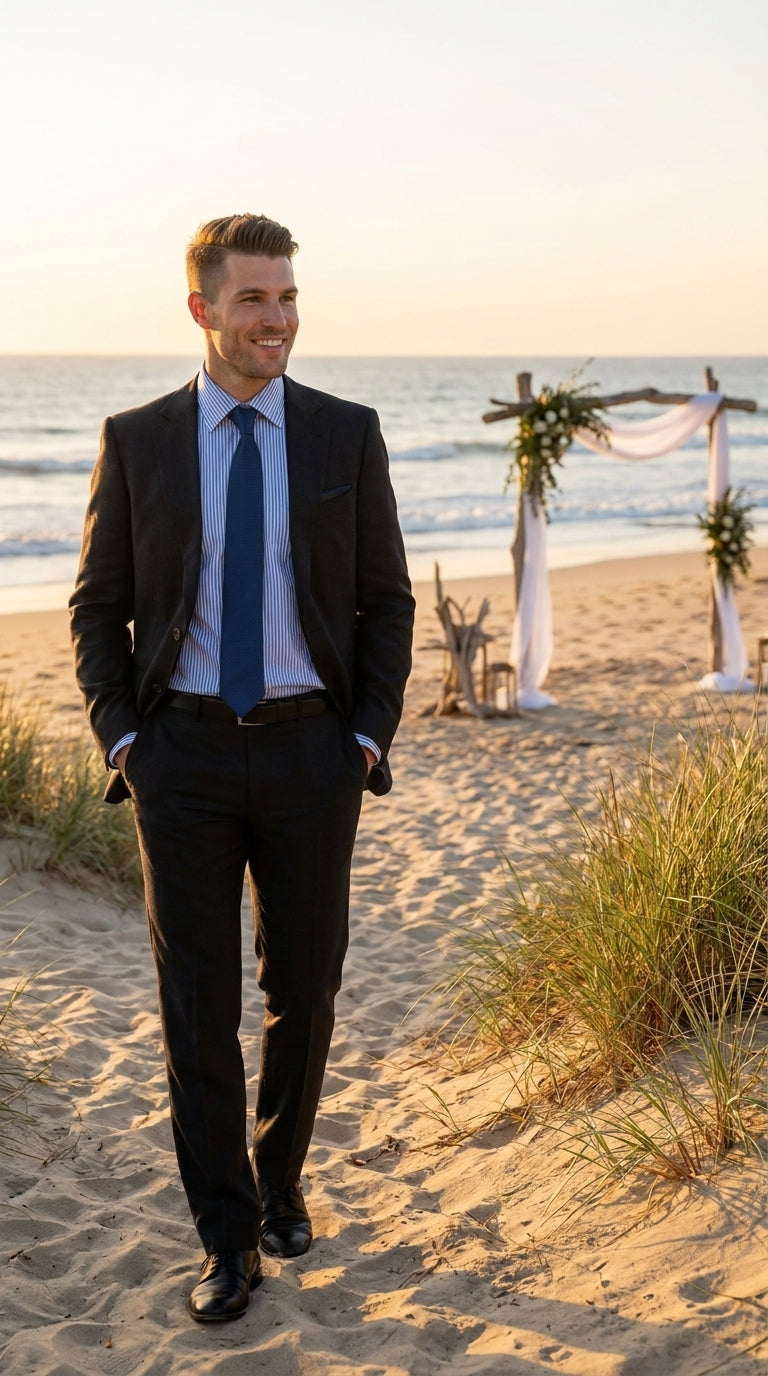 Men’s Black Linen Summer Suit – Big & Tall Beach Wedding 2-Piece Suit