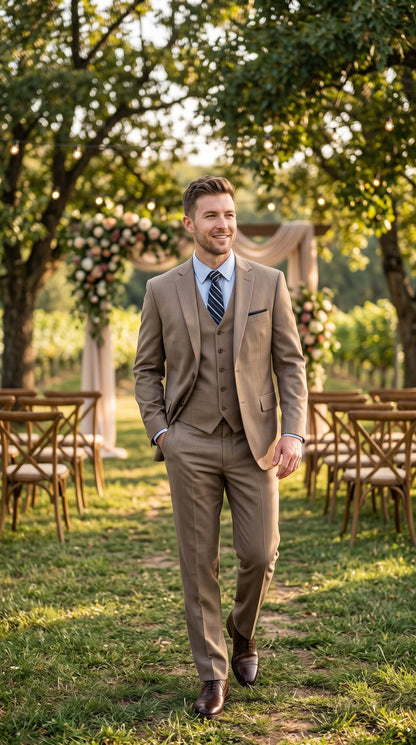 Men’s Tan Classic Fit 3 Piece Suit, Two Button Formal Wedding Business Suit with Vest