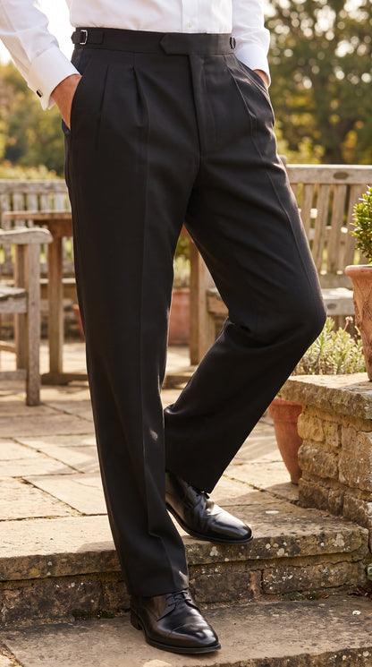 Men’s Black Super 100s Wool Tuxedo Pants, Double Pleated Formal Dress Pants with Unhemmed Bottoms