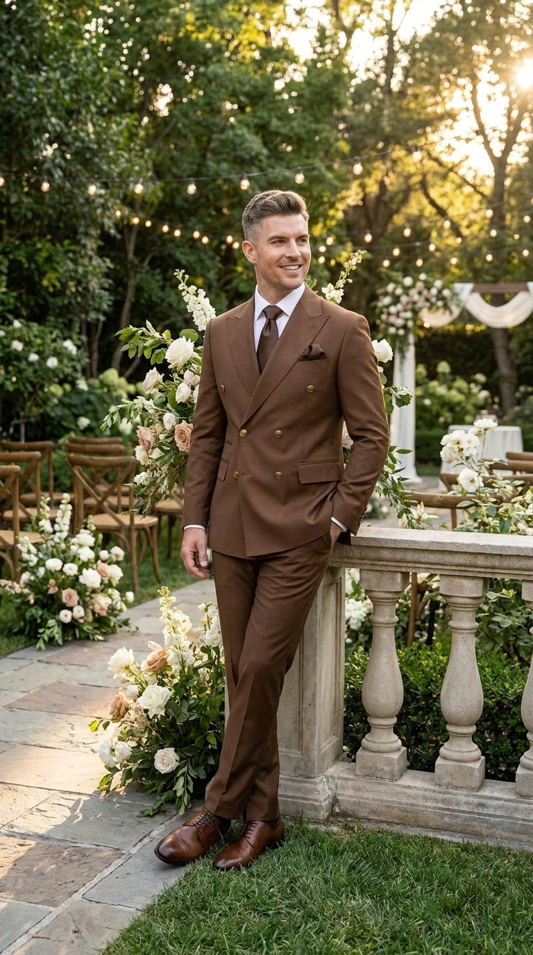 Rossi Man Men’s Brown Double Breasted Suit, Modern Fit Formal Wedding Business Dress Suit