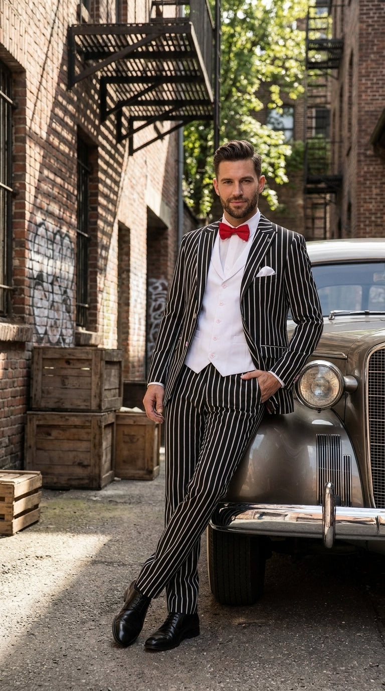 Men’s Black 1920s Bold Pinstripe Gangster Suit with Vest, Vintage Formal Party Dress Suit