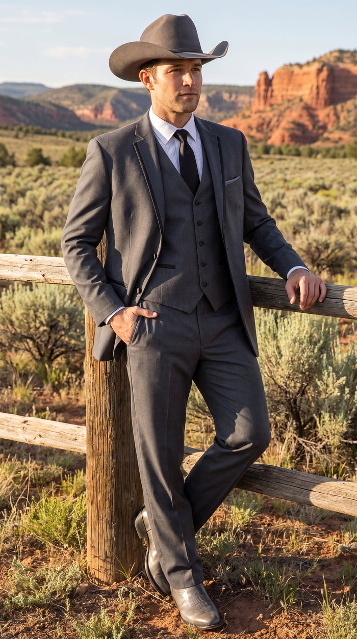 Men’s Charcoal Gray Western Tuxedo Suit, Cowboy Formal Trim Collar Jacket and Pants