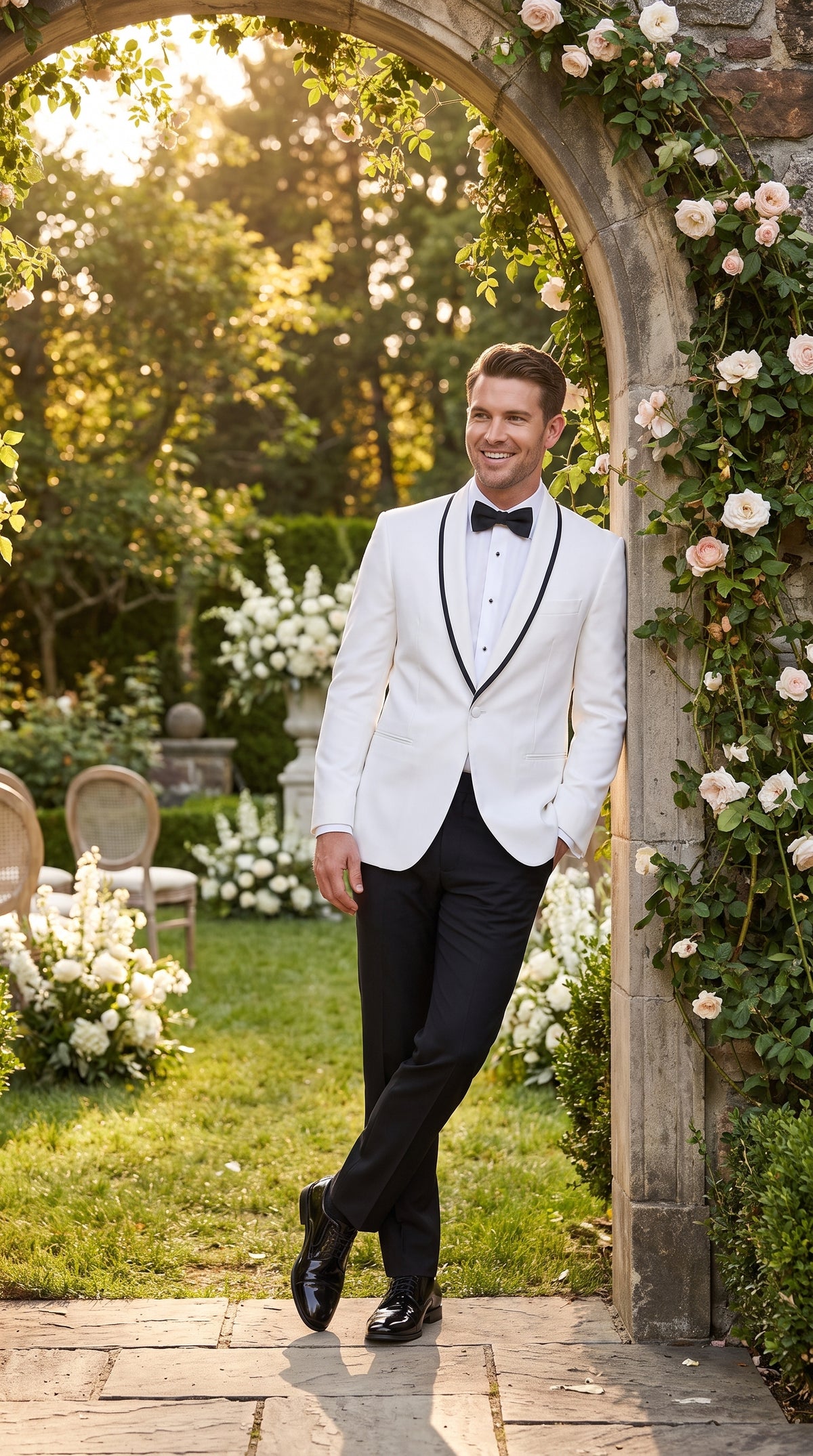 Men’s White and Black Trim Prom Tuxedo Suit, Shawl Collar Wedding Jacket with Pants and Vest
