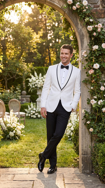 Men’s White and Black Trim Prom Tuxedo Suit, Shawl Collar Wedding Jacket with Pants and Vest