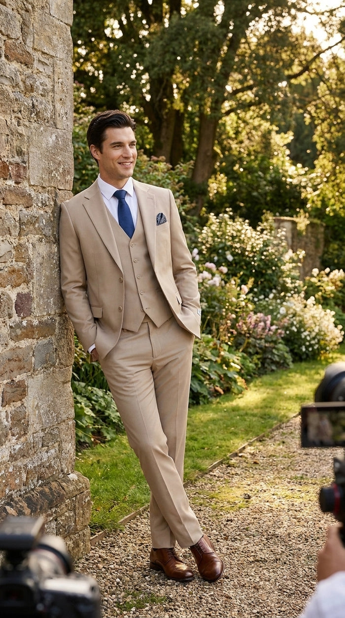Stacy Adams Men’s Tan 3-Piece Suit – Two-Button Jacket, Matching Vest and Dress Pants