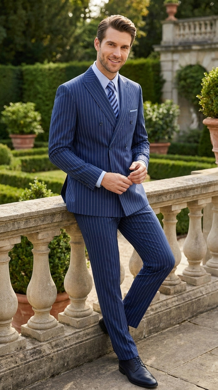 Men’s Royal Blue Pinstripe Double-Breasted Suit – 1920s Gangster Wedding, Prom and Business Suit