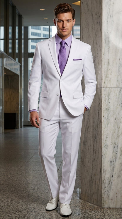 Men’s White Two-Button Poplin Suit – Modern Wedding, Prom and Formal Suit