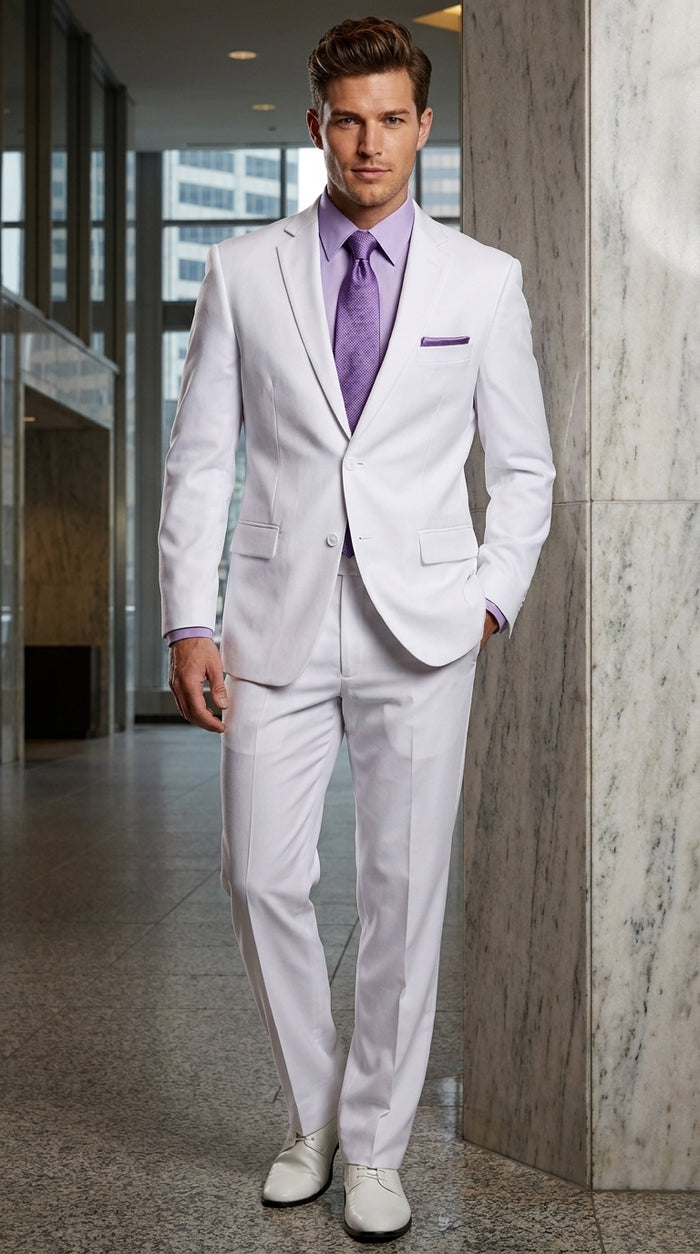 Men’s White Two-Button Poplin Suit – Modern Wedding, Prom and Formal Suit