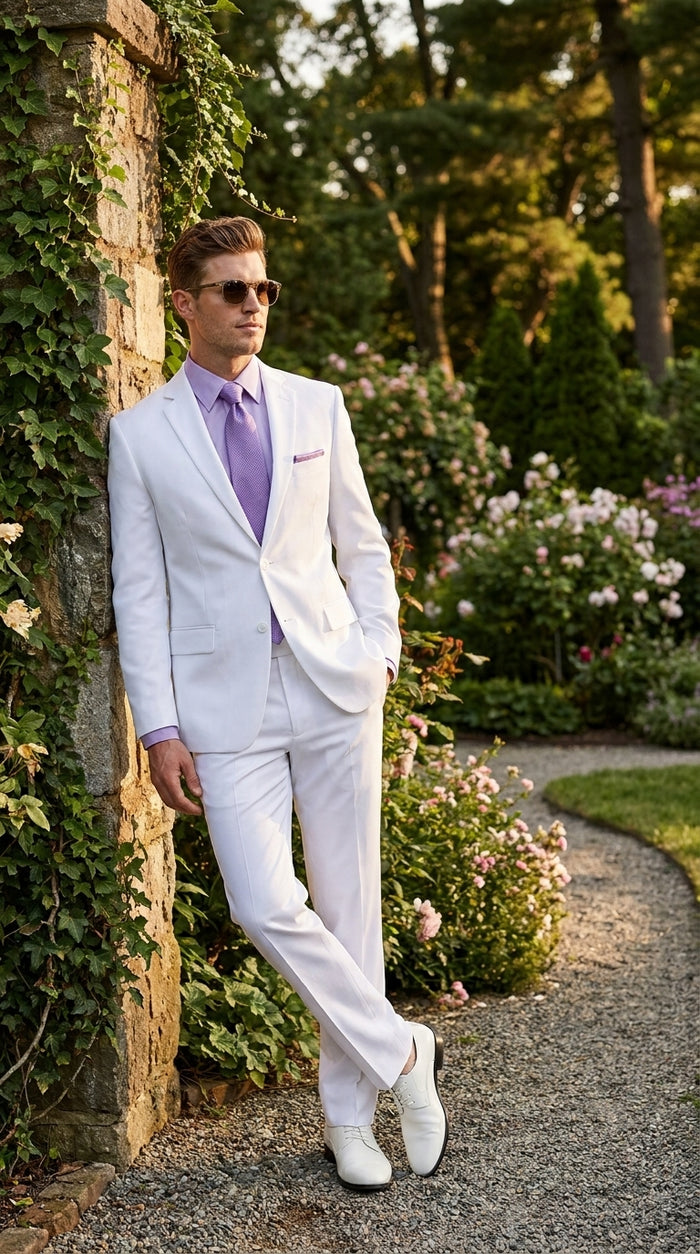 Men’s White Two-Button Poplin Suit – Modern Wedding, Prom and Formal Suit