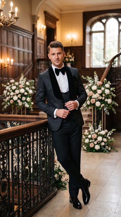 Rossi Man RM1446 Men’s Black Floral Jacquard 3 Piece Smoking Tuxedo Suit, Velvet Shawl Lapel Wedding Prom Suit