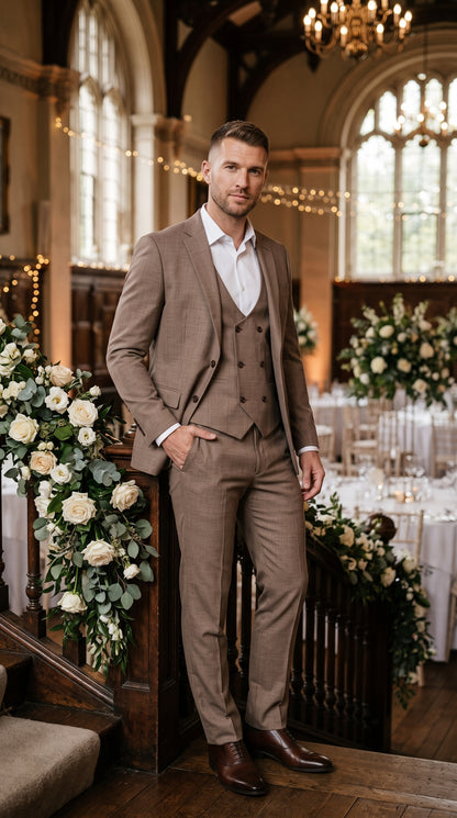 Men’s Dark Tan Mocha 3 Piece Wedding Suit, Double Breasted Vest Formal Groom and Groomsmen Suit