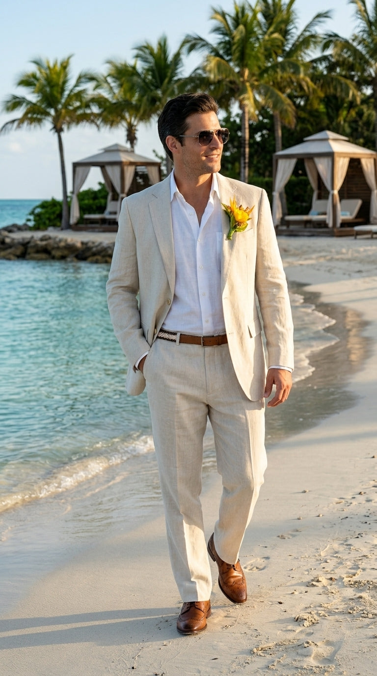 Men’s Natural Sand Light Tan Linen Suit, Summer Beach Wedding Formal Suit Set