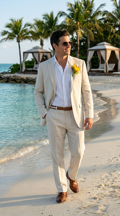 Men’s Natural Sand Light Tan Linen Suit, Summer Beach Wedding Formal Suit Set