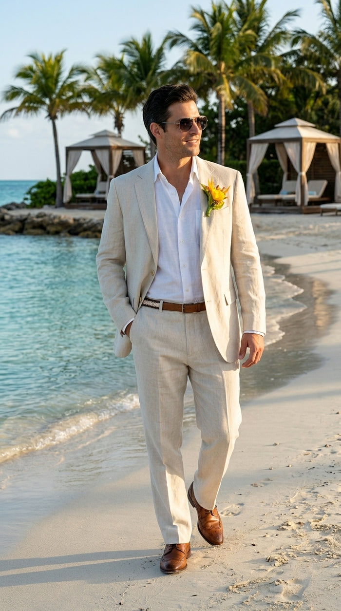 Men’s Natural Sand Light Tan Linen Suit, Summer Beach Wedding Formal Suit Set