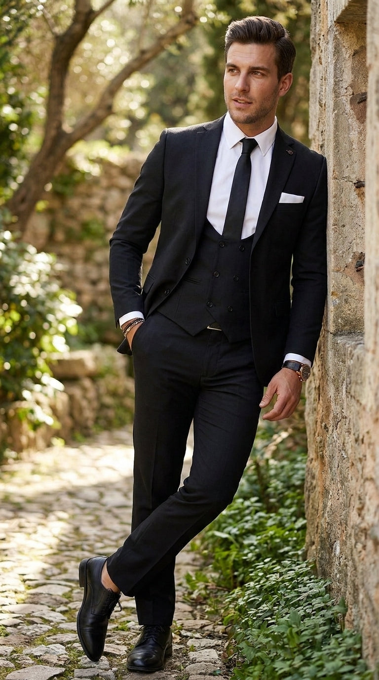 Men’s Black 2 Button Suit with Double Breasted Vest, White Shirt and Black Tie Formal Set