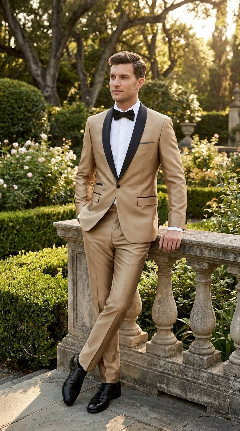 Men’s Champagne 2-Piece Tuxedo Suit with Black Shawl Lapel – Wedding & Prom
