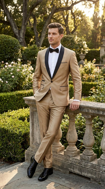 Men’s Champagne 2-Piece Tuxedo Suit with Black Shawl Lapel – Wedding & Prom