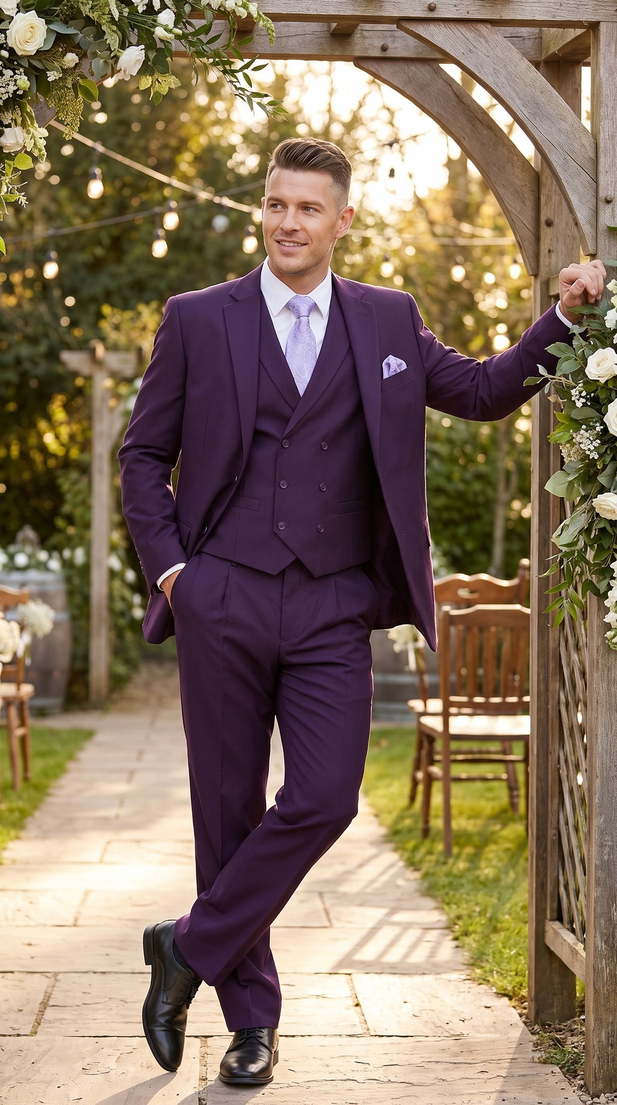 Men’s Purple Two Button Fashion Suit with Double Breasted Vest, Formal Wedding Prom Dress Suit