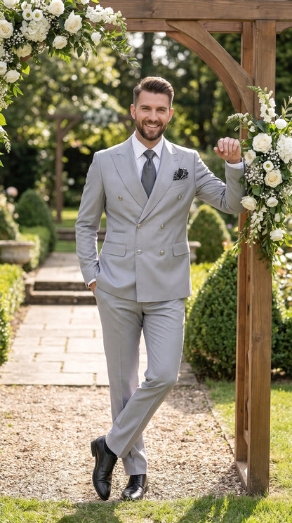 Rossi Man Men’s Silver Double Breasted Suit, Modern Fit Formal Wedding Prom Business Suit