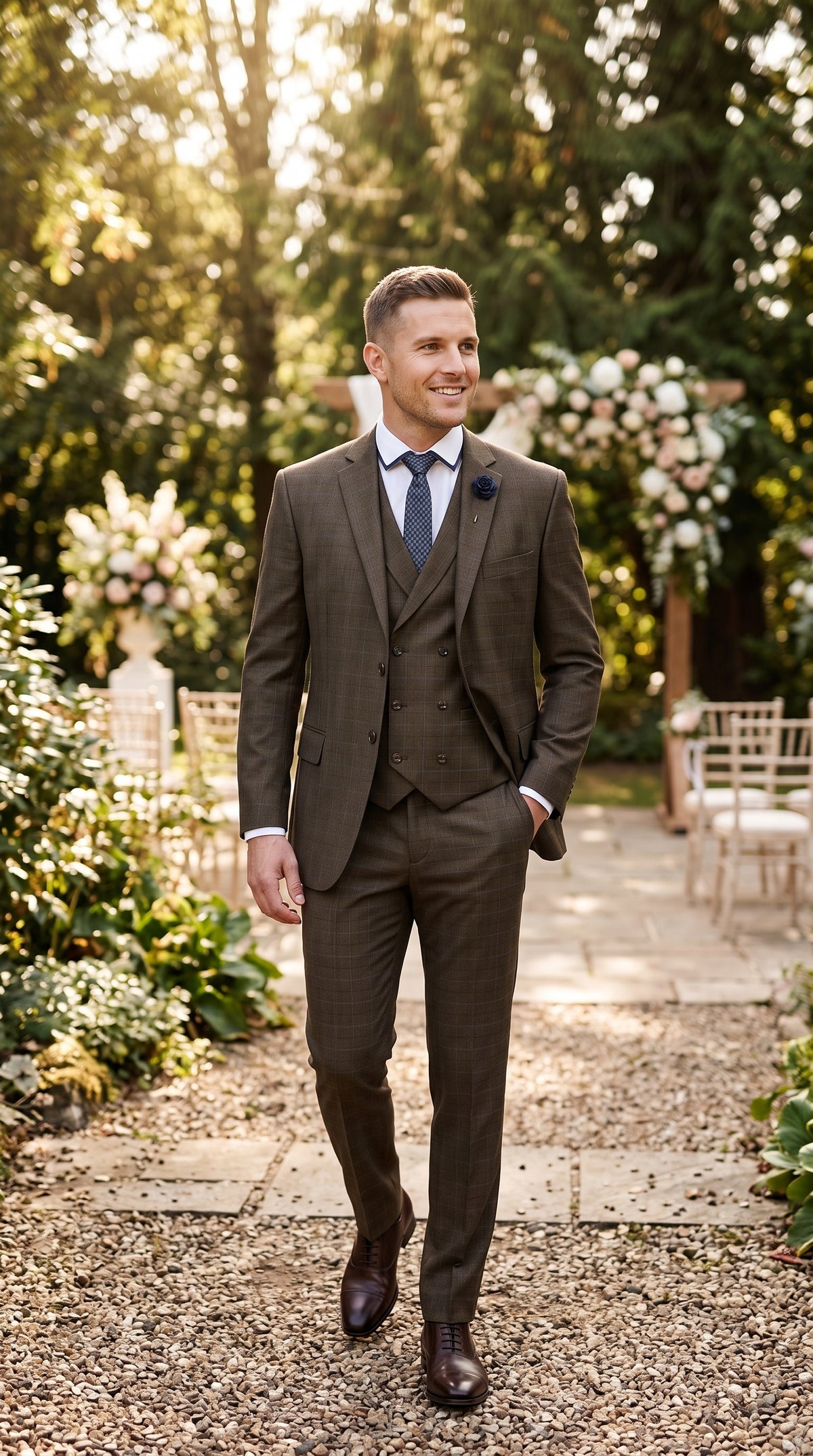 Men’s Taupe Brown Plaid 3 Piece Suit, Double Breasted Vest V2RW-13 Formal Wedding Suit