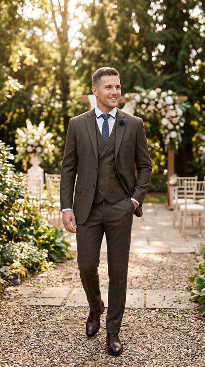 Men’s Taupe Brown Plaid 3 Piece Suit, Double Breasted Vest V2RW-13 Formal Wedding Suit