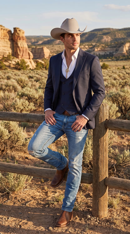 Men’s Navy Western Suit Blazer with Double Breasted Vest, Modern Cowboy Formal Outfit