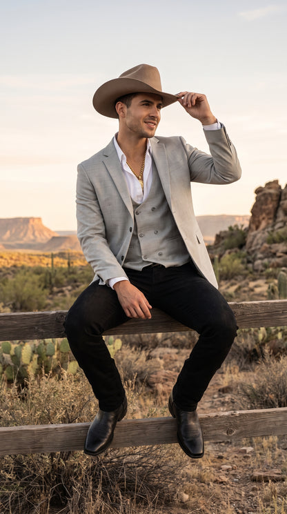 Men’s Light Gray Western Suit Blazer with Double-Breasted Vest – Modern Cowboy Formal Outfit