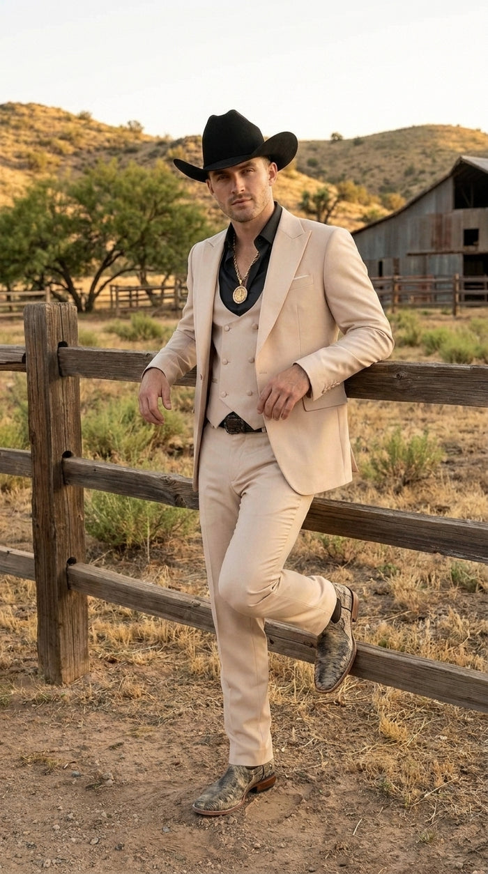 Men’s Light Beige Western 3 Piece Suit, Cowboy Tuxedo with Shawl Lapel