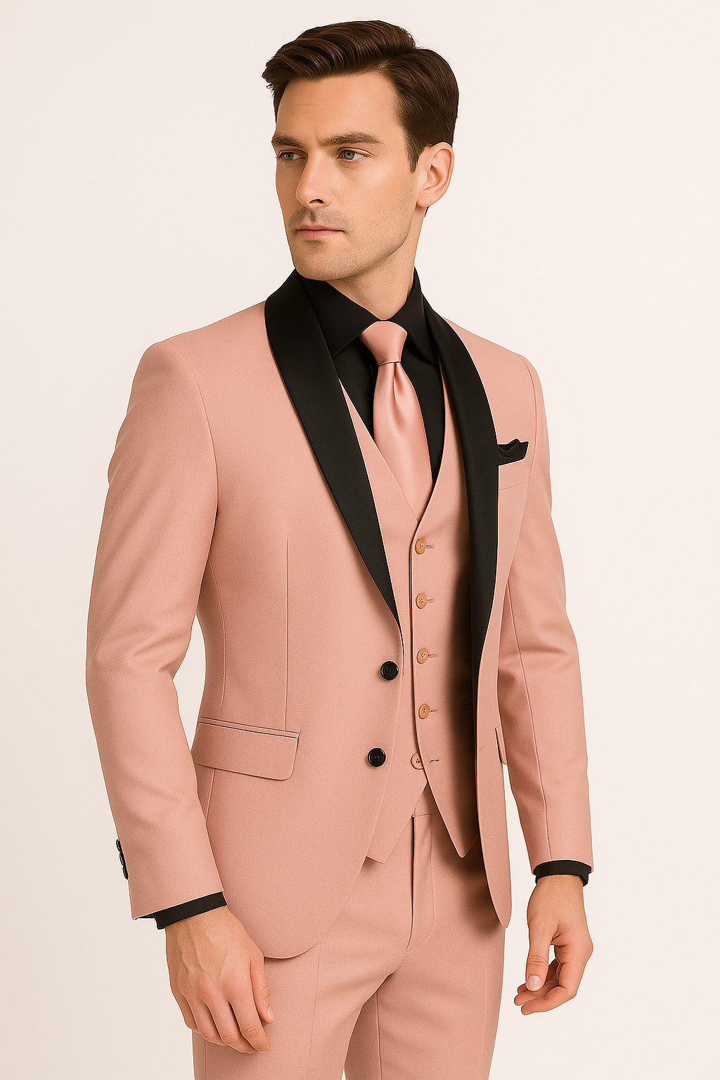 Men's Light Pink 3-Piece Tuxedo Suit with Black Satin Shawl Lapel  Formal Wear - Ultra Slim Fitted in Blush color