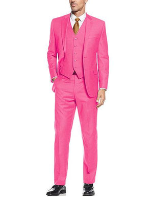 Men's 2 Button 3 Piece Vested Modern Fit Suits Flat Front Pants Suit in Fuschia