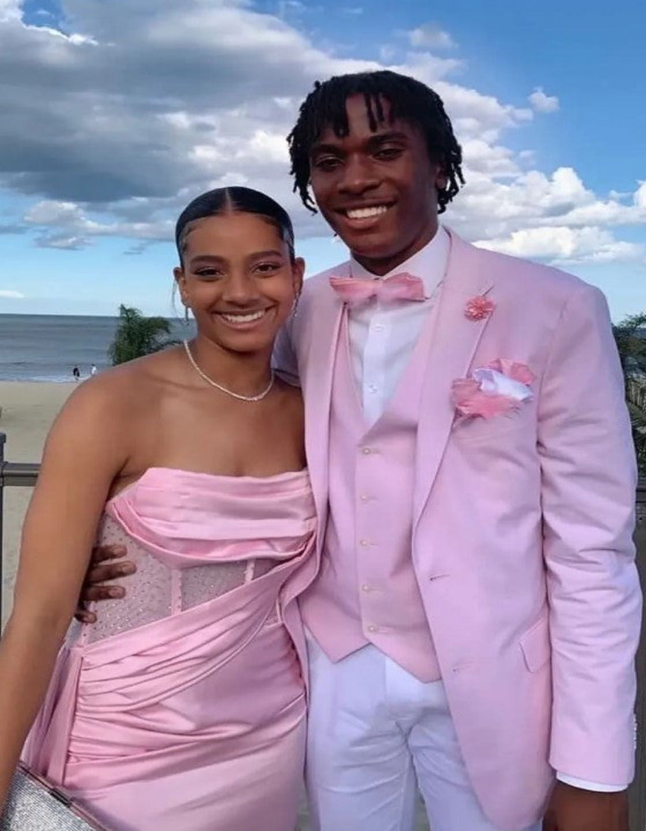 Pink And White Tuxedo Suit With White Pants  White Shirt  Pink Vest  Bowtie and White Shoe