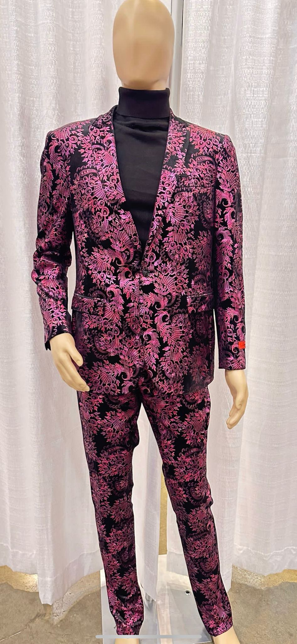 Mens Pink and Black Floral Tuxedo Suit  Slim Fit Two Piece Set