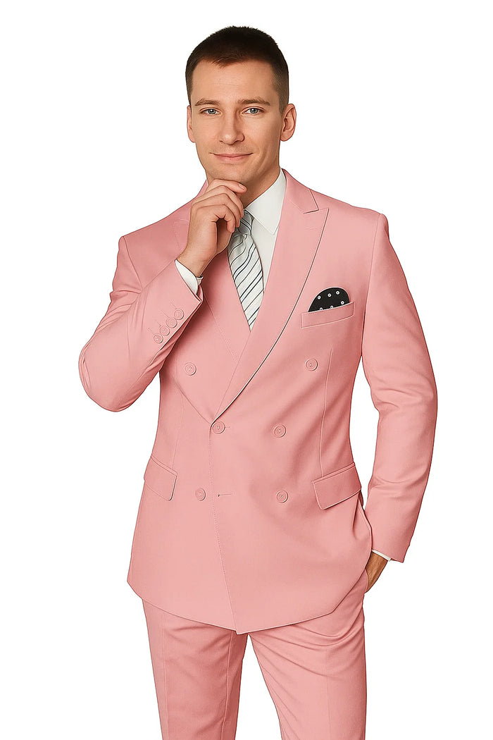 Elegant Men's Double-Breasted Wool Suit in Soft Blush Pink