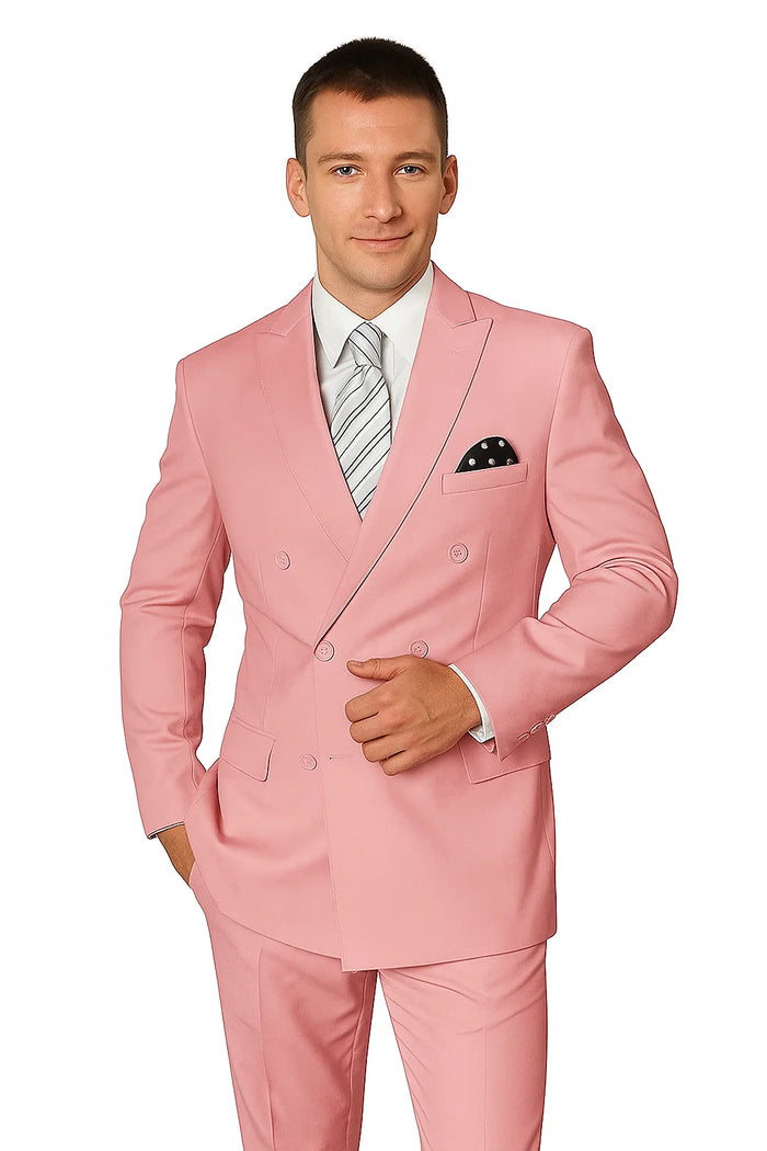 Elegant Men's Double-Breasted Wool Suit in Soft Blush Pink